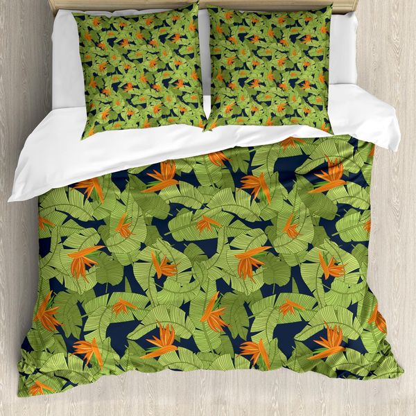 Set Copripiumino Abakuhaus Luau Per Letti Singoli, Foglie E Fiori A Strisce Aloha, Antiacaro, Adatto A Chi Soffre Di Allergie, Con Federa, 200 Cm X 200 Cm - 80 X 80 Cm, Blu Notte E Verde Lime-image