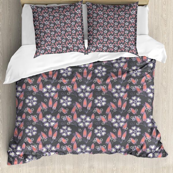 Abakuhaus Set Copripiumino Geometrico Per Letti Singoli, Motivi Floreali Artistici, Antiacaro E Anallergico Con Federa, 155 Cm X 220 Cm - 80 X 80 Cm, Grigio Corallo Lilla-image