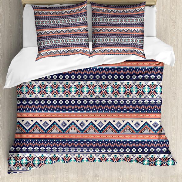 Abakuhaus Set Copripiumino Azteco Per Letti Singoli, Zigzag E Linee Orientali, Antiacaro, Adatto A Chi Soffre Di Allergie, Con Federa, 200 Cm X 200 Cm - 80 X 80 Cm, Salmone Notte Blu Tan-image