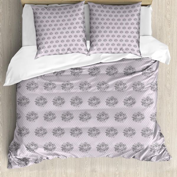 Abakuhaus Set Copripiumino Per Letti Singoli, Fiori E Pois Disegnati A Mano, Antiacaro, Adatto A Chi Soffre Di Allergie, Con Federa, 200 Cm X 200 Cm - 80 X 80 Cm, Malva Chiaro Grigio Antracite-image
