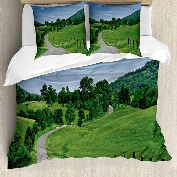 Abakuhaus Set Copripiumino Estivo Scenic Per Letti Singoli, Strada Idilliaca Nel Bosco, Antiacaro, Adatto A Chi Soffre Di Allergie, Con Federa, 155 Cm X 220 Cm - 80 X 80 Cm, Fern Green Sky Blue-image