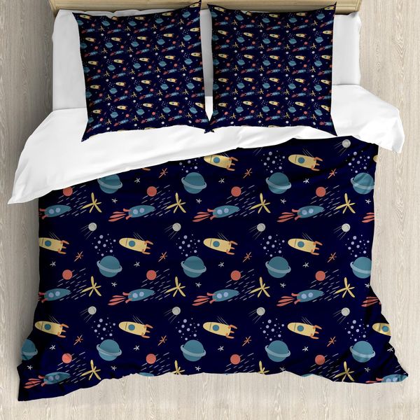 Abakuhaus Set Copripiumino Extraterrestre Per Letti Singoli, Stelle, Razzi E Pianeti, Antiacaro, Adatto A Chi Soffre Di Allergie, Con Federa, 155 Cm X 220 Cm - 80 X 80 Cm, Multicolore-image