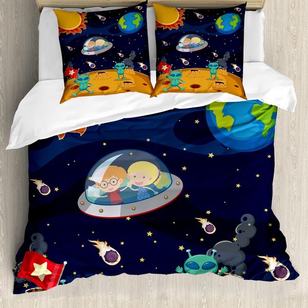 Abakuhaus Set Copripiumino Extraterrestre Per Letti Singoli, Tema Spaziale Galaxy Per Bambini, Antiacaro, Adatto A Chi Soffre Di Allergie, Con Federa, 200 Cm X 200 Cm - 80 X 80 Cm, Multicolore-image