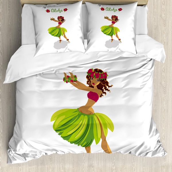 Abakuhaus Luau Set Copripiumino Per Letti Singoli, Ragazza Ballerina Di Hula Aloha Wording, Antiacaro, Adatto A Chi Soffre Di Allergie, Con Federa, 200 Cm X 200 Cm - 80 X 80 Cm, Bianco Magenta Verde Lime-image