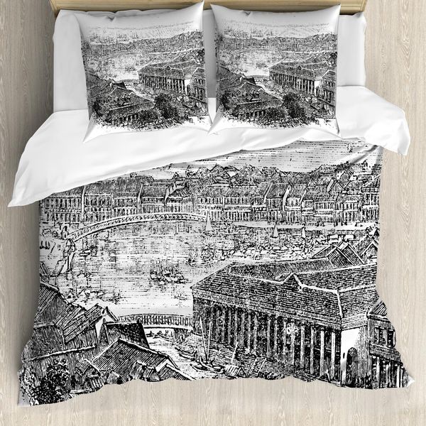 Abakuhaus Singapore Set Copripiumino Per Letti Singoli, Silhouette Urbana Vintage, Antiacaro, Adatto A Chi Soffre Di Allergie, Con Federa, 200 Cm X 200 Cm - 80 X 80 Cm, Grigio Antracite Bianco-image