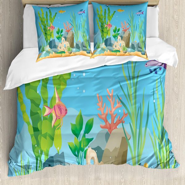 Abakuhaus Set Copripiumino Per Letti Singoli, Pesci Esotici E Alghe, Antiacaro, Adatto A Chi Soffre Di Allergie, Con Federa, 155 Cm X 220 Cm - 80 X 80 Cm, Blu Cielo Profondo Multicolore-image
