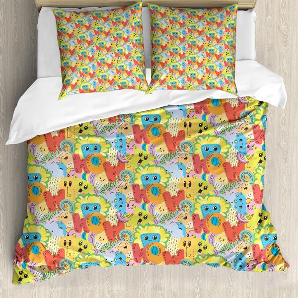 Abakuhaus Set Copripiumino Extraterrestre Per Letti Singoli, Scritta Doodle Beasts Wow, Antiacaro, Adatto A Chi Soffre Di Allergie, Con Federa, 200 Cm X 200 Cm - 80 X 80 Cm, Multicolore-image