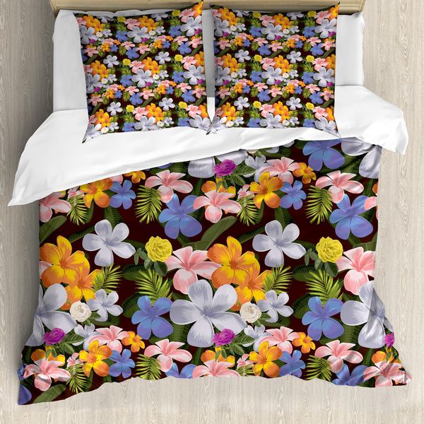 Abakuhaus Set Copripiumino Tropicale Per Letti Singoli, Fiori Colorati Assortiti, Antiacaro, Adatto A Chi Soffre Di Allergie, Con Federa, 200 Cm X 200 Cm - 80 X 80 Cm, Multicolore Grigio Antracite-image