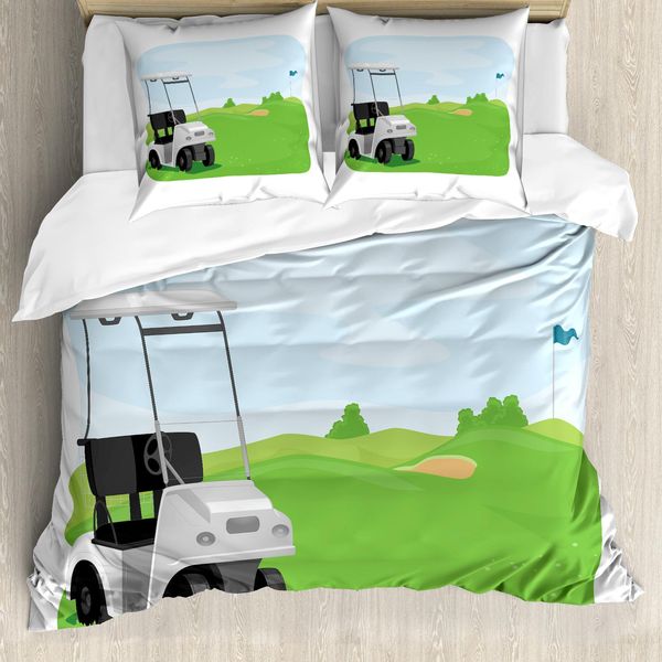 Abakuhaus Set Copripiumino Per Letto Singolo Con Motivo Golf, Car And Field, Antiacaro, Adatto A Chi Soffre Di Allergie, Con Federa, 200 Cm X 200 Cm - 80 X 80 Cm, Verde Lime Blu-image