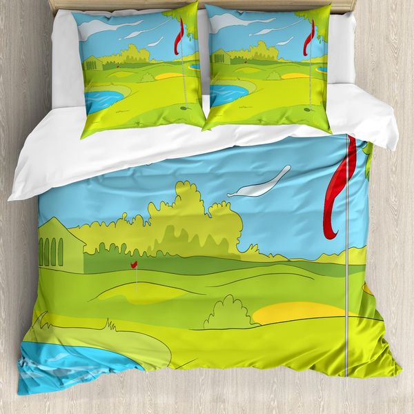 Abakuhaus Set Copripiumino Per Letto Singolo Con Motivo Golf, Erba E Laghetto, Antiacaro, Adatto A Chi Soffre Di Allergie, Con Federa, 155 Cm X 220 Cm - 80 X 80 Cm, Giallo Verde Azzurro-image