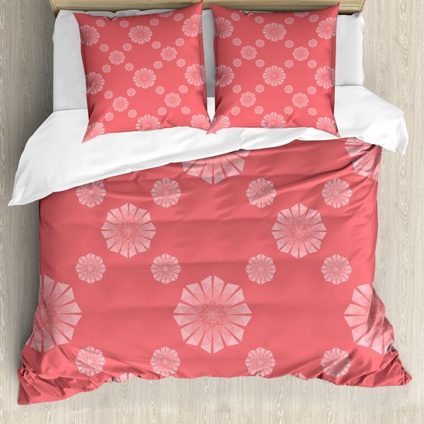 Abakuhaus Set Copripiumino Astratto Per Letti Singoli, Fiori Poligonali Monotoni, Antiacaro, Adatto A Chi Soffre Di Allergie, Con Federa, 155 Cm X 220 Cm - 80 X 80 Cm, Corallo E Rosa Cipria-image
