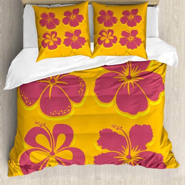 Set Copripiumino Abakuhaus Luau Per Letti Singoli, Silhouette Di Fiori Di Ibisco, Antiacaro, Adatto A Chi Soffre Di Allergie, Con Federa, 155 Cm X 220 Cm - 80 X 80 Cm, Arancione Giallo-image