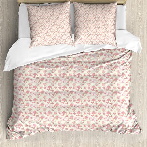 Abakuhaus Set Copripiumino Per Letto Singolo, Grafica Vintage Con Scarabocchi, Antiacaro E Anallergico, Con Federa, 155 Cm X 220 Cm - 80 X 80 Cm, Bianco Rosa-image
