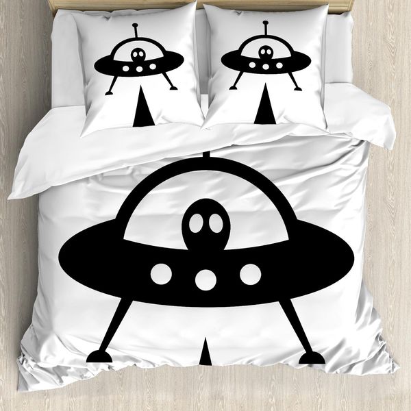 Abakuhaus Set Copripiumino Extraterrestre Per Letti Singoli, Monochrome Stamp Blick Raum, Antiacaro, Adatto A Chi Soffre Di Allergie, Con Federa, 155 Cm X 220 Cm - 80 X 80 Cm, Grigio Antracite E Bianco-image
