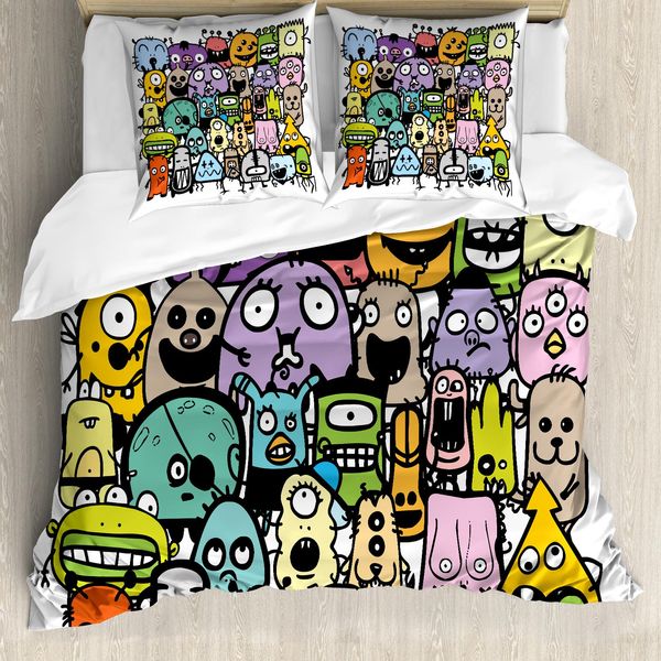 Abakuhaus Set Copripiumino Extraterrestre Per Letti Singoli, Monster-Freund-Familien-Doodle, Antiacaro, Adatto A Chi Soffre Di Allergie, Con Federa, 200 Cm X 200 Cm - 80 X 80 Cm, Grigio Antracite Multicolore-image