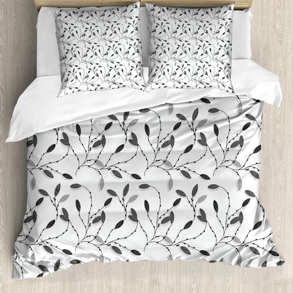Abakuhaus Set Copripiumino Grigio Per Letti Singoli, Foglie Autunnali E Ramoscelli, Antiacaro, Adatto A Chi Soffre Di Allergie, Con Federa, 155 Cm X 220 Cm - 80 X 80 Cm, Grigio Bianco-image