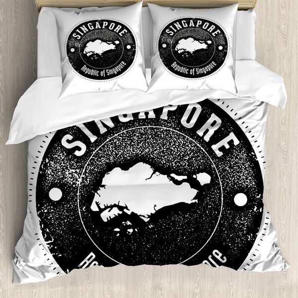 Abakuhaus Singapore Set Copripiumino Per Letti Singoli, Grunge Round Typography, Antiacaro E Anallergico Con Federa, 155 Cm X 220 Cm - 80 X 80 Cm, Grigio Antracite E Bianco-image