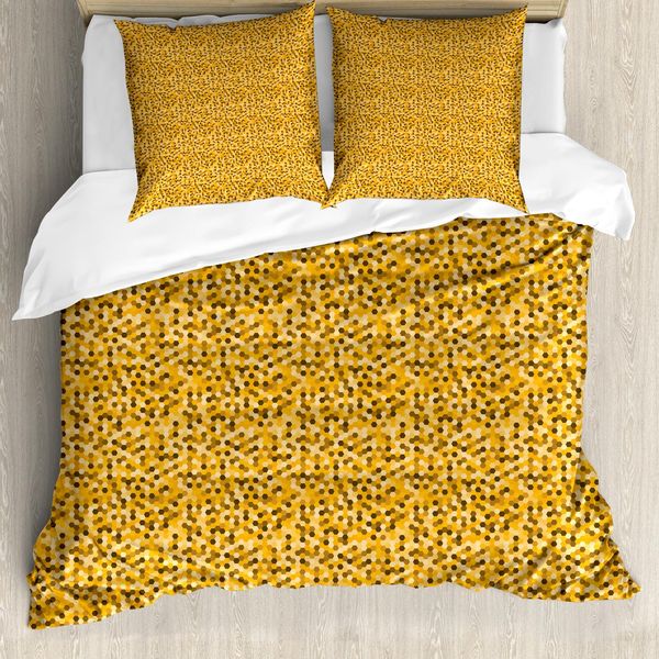 Abakuhaus Set Copripiumino Giallo Marrone Per Letti Singoli, Stile Retrò Esagoni, Antiacaro, Adatto A Chi Soffre Di Allergie, Con Federa, 155 Cm X 220 Cm - 80 X 80 Cm, Marrone Cacao-image