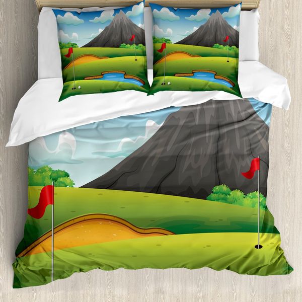 Abakuhaus Set Copripiumino Per Letto Singolo Con Motivo Golf, Hills Pond Flags, Antiacaro E Anallergico, Con Federa, 155 Cm X 220 Cm - 80 X 80 Cm, Verde Mela Multicolore-image