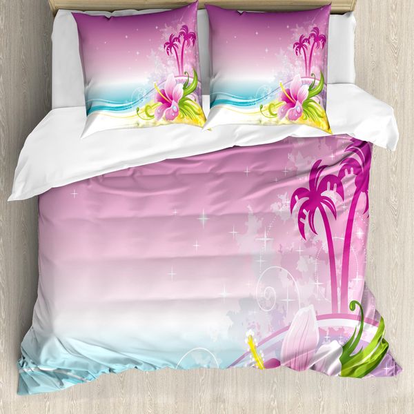 Abakuhaus Luau Set Copripiumino Per Letti Singoli, Motivo A Onde Hibiscus Palms, Antiacaro, Adatto A Chi Soffre Di Allergie, Con Federa, 200 Cm X 200 Cm - 80 X 80 Cm, Pale Fuchsia Multicolor-image