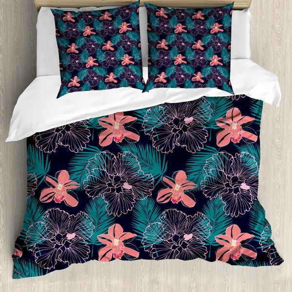 Set Copripiumino Abakuhaus Luau Per Letti Singoli, Foglie Di Ibisco Su Sfondo Scuro, Antiacaro E Anallergico, Con Federa, 200 Cm X 200 Cm - 80 X 80 Cm, Grigio Multicolore-image