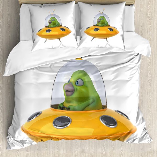 Abakuhaus Set Copripiumino Extraterrestre Per Letti Singoli, Divertente Astronave Ufo Monster, Antiacaro, Adatto A Chi Soffre Di Allergie, Con Federa, 200 Cm X 200 Cm - 80 X 80 Cm, Arancione Pallido Verde Oliva-image