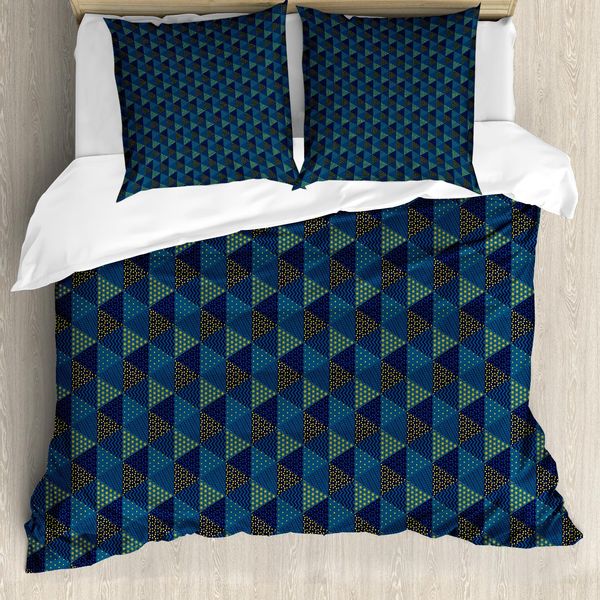 Abakuhaus Set Copripiumino Geometrico Per Letti Singoli, Tema Triangoli, Antiacaro, Adatto A Chi Soffre Di Allergie, Con Federa, 155 Cm X 220 Cm - 80 X 80 Cm, Blu Notte E Giallo Terra-image