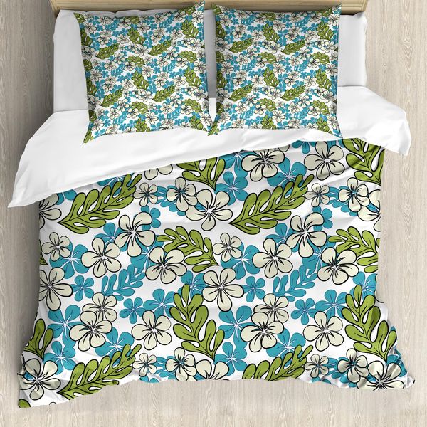 Abakuhaus Luau Set Copripiumino Per Letti Singoli, Fiori E Foglie Di Plumeria, Antiacaro, Adatto A Chi Soffre Di Allergie, Con Federa, 200 Cm X 200 Cm - 80 X 80 Cm, Bianco Blu Mare-image