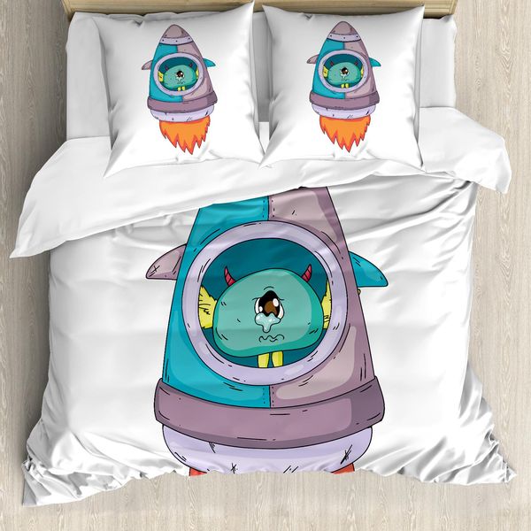 Abakuhaus Set Copripiumino Extraterrestre Per Letti Singoli, Personaggio Sad In Un Razzo Spaziale, Antiacaro, Adatto A Chi Soffre Di Allergie, Con Federa, 200 Cm X 200 Cm - 80 X 80 Cm, Multicolore-image