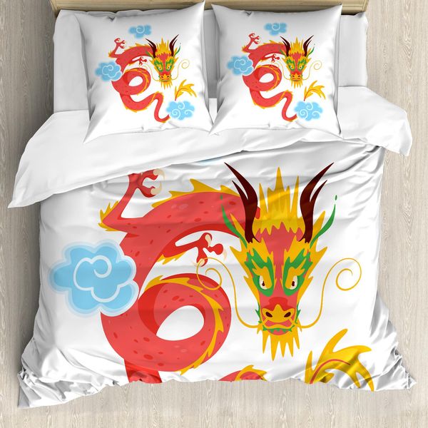 Abakuhaus Set Copripiumino Per Letto Singolo, Nuvole Vorticose Drago Arrabbiato, Antiacaro Adatto A Chi Soffre Di Allergie Con Federa, 200 Cm X 200 Cm - 80 X 80 Cm, Bianco Multicolore-image