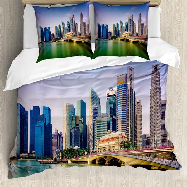 Abakuhaus Singapore Set Copripiumino Per Letto Singolo, Panorama Urbano Picturesque, Antiacaro, Adatto A Chi Soffre Di Allergie, Con Federa, 200 Cm X 200 Cm - 80 X 80 Cm, Multicolore-image