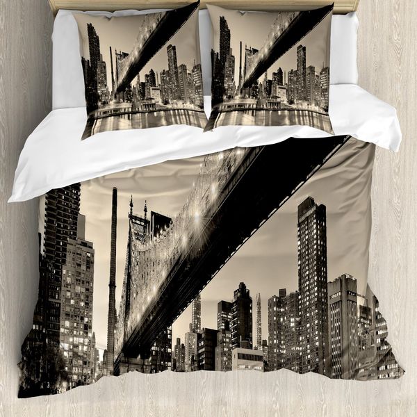 Abakuhaus Nyc Set Copripiumino Per Letti Singoli, Vintage Queensboro Bridge, Antiacaro E Anallergico Con Federa, 155 Cm X 220 Cm - 80 X 80 Cm, Grigio Senape-image