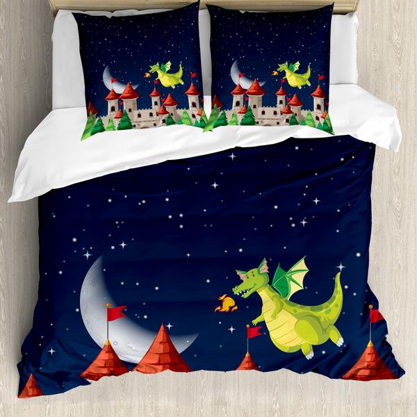 Abakuhaus Set Copripiumino Da Letto Singolo, Castello E Drago Volante, Antiacaro, Adatto A Chi Soffre Di Allergie, Con Federa, 200 Cm X 200 Cm - 80 X 80 Cm, Multicolore-image