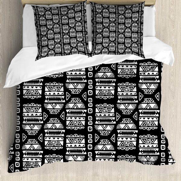 Abakuhaus Set Copripiumino Azteco Per Letti Singoli, Doodled Zigzags Triangles, Antiacaro E Anallergico Con Federa, 155 Cm X 220 Cm - 80 X 80 Cm, Grigio Antracite E Bianco-image