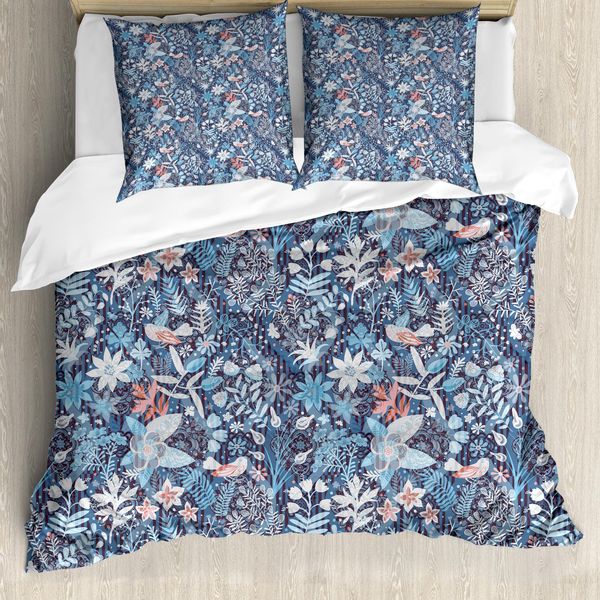 Abakuhaus Set Copripiumino Jacobean Per Letti Singoli, Petali Orientali Su Strisce, Antiacaro, Adatto A Chi Soffre Di Allergie, Con Federa, 200 Cm X 200 Cm - 80 X 80 Cm, Blu Ardesia Multicolore-image