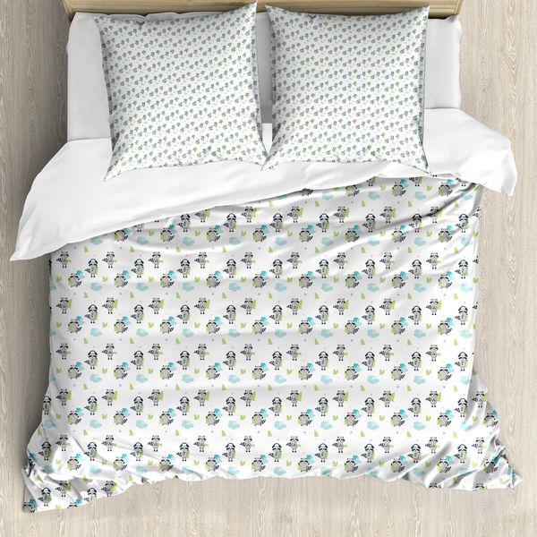 Abakuhaus Jungle Nursery Set Copripiumino Per Letti Singoli, Procioni Alberi Nuvole, Antiacaro Adatto A Chi Soffre Di Allergie Con Federa, 155 Cm X 220 Cm - 80 X 80 Cm, Bianco Multicolore-image