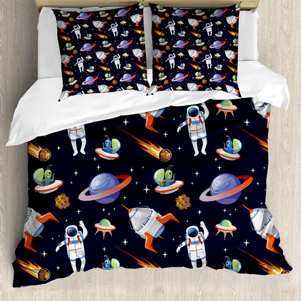 Abakuhaus Set Copripiumino Extraterrestre Per Letti Singoli, Galaxy Asteroid Ufo Astronaut, Antiacaro, Adatto A Chi Soffre Di Allergie, Con Federa, 200 Cm X 200 Cm - 80 X 80 Cm, Multicolore-image