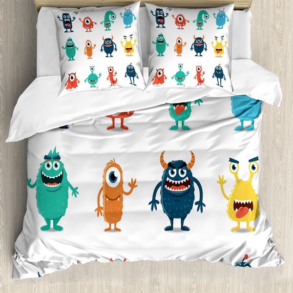 Abakuhaus Set Copripiumino Extraterrestre Per Letti Singoli, Disegno Grafico Con Mostri Colorati, Antiacaro, Adatto A Chi Soffre Di Allergie, Con Federa, 200 Cm X 200 Cm - 80 X 80 Cm, Bianco Multicolore-image