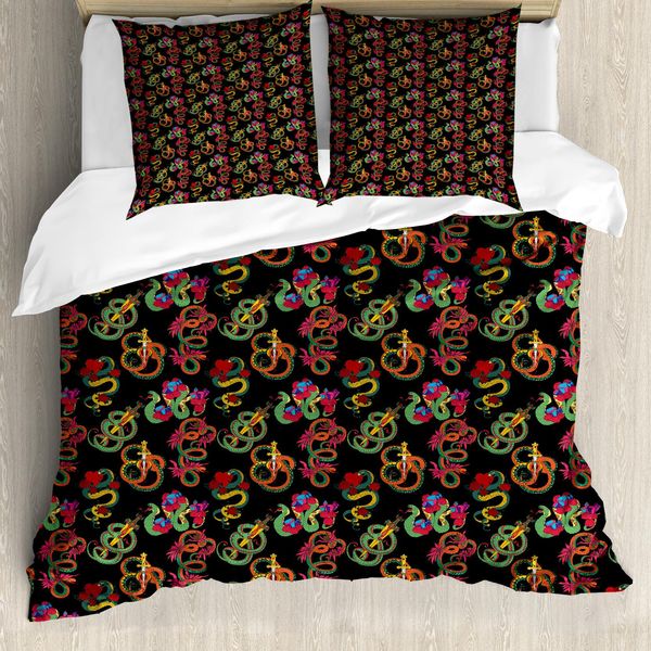 Abakuhaus Set Copripiumino Per Letti Singoli, Serpenti Decorativi Colorati, Antiacaro, Adatto A Chi Soffre Di Allergie, Con Federa, 155 Cm X 220 Cm - 80 X 80 Cm, Multicolore Grigio Antracite-image