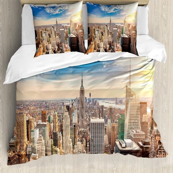 Abakuhaus Nyc Set Copripiumino Per Letto Singolo, Tramonto Foto Aerea Urbana, Antiacaro Adatto A Chi Soffre Di Allergie Con Federa, 155 Cm X 220 Cm - 80 X 80 Cm, Blu Cobalto Multicolore-image