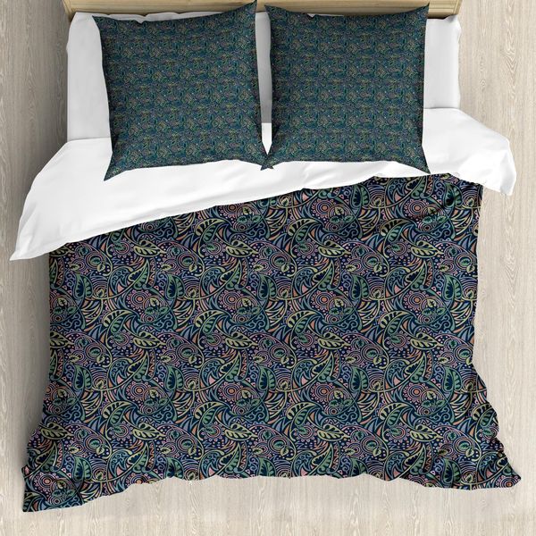 Abakuhaus Set Copripiumino Botanico Per Letti Singoli, Tonalità Vintage Tenui Foglie, Antiacaro, Adatto A Chi Soffre Di Allergie, Con Federa, 200 Cm X 200 Cm - 80 X 80 Cm, Blu Petrolio Verde Reseda-image