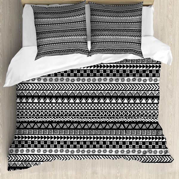 Abakuhaus Set Copripiumino Azteco Per Letti Singoli, Geometrico Tribale Monocromatico, Antiacaro, Adatto A Chi Soffre Di Allergie, Con Federa, 155 Cm X 220 Cm - 80 X 80 Cm, Grigio Antracite E Bianco-image