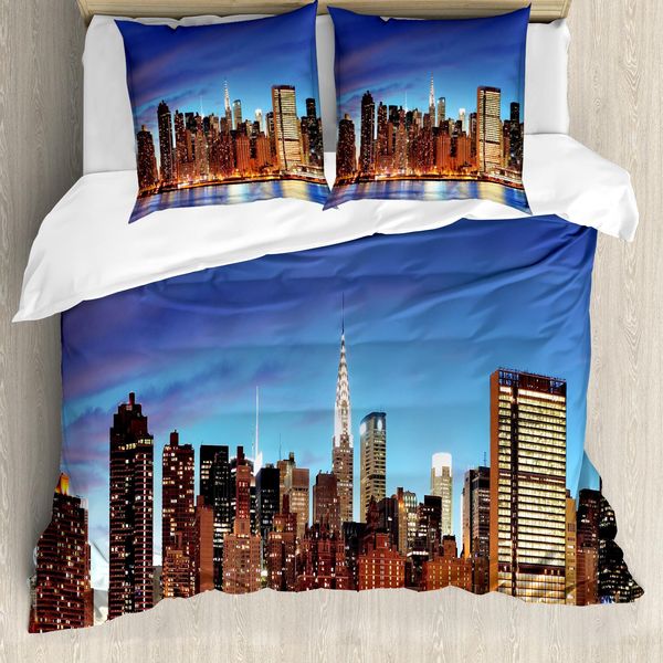 Abakuhaus Nyc Set Copripiumino Per Letto Singolo, Panorama Della Città Di Manhattan, Antiacaro, Adatto A Chi Soffre Di Allergie, Con Federa, 200 Cm X 200 Cm - 80 X 80 Cm, Viola Scuro Multicolore-image
