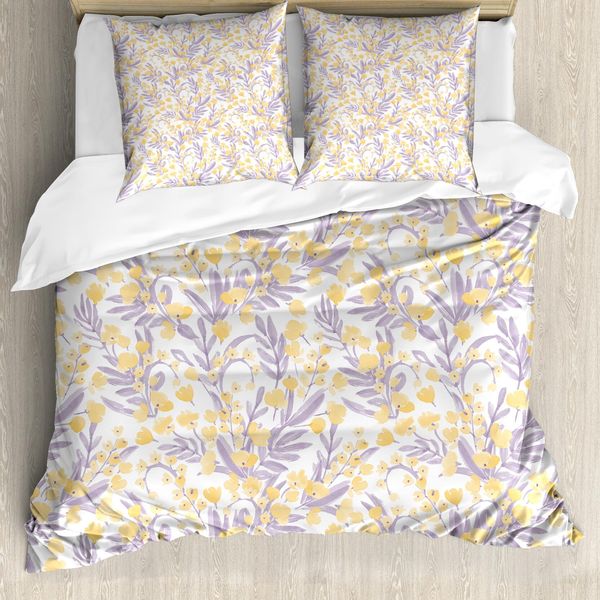 Abakuhaus Set Copripiumino Per Letti Singoli, Tonalità Pastello Con Motivo Floreale, Antiacaro E Anallergico, Con Federa, 155 Cm X 220 Cm - 80 X 80 Cm, Malva Senape-image