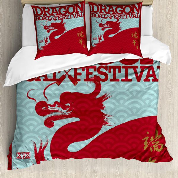 Abakuhaus Set Copripiumino Cinese Per Letti Singoli, Eastern Dragon Su Squama, Antiacaro, Adatto A Chi Soffre Di Allergie, Con Federa, 155 Cm X 220 Cm - 80 X 80 Cm, Rubino Azzurro Pallido-image