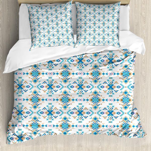 Abakuhaus Set Copripiumino Geometrico Per Letti Singoli, Motivi Tribali, Antiacaro, Adatto A Chi Soffre Di Allergie, Con Federa, 155 Cm X 220 Cm - 80 X 80 Cm, Azzurro Pastello E Marrone-image