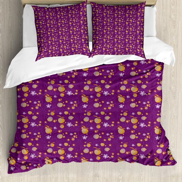 Abakuhaus Set Copripiumino Per Letti Singoli, Fiori, Foglie E Frutti, Antiacaro, Adatto A Chi Soffre Di Allergie, Con Federa, 200 Cm X 200 Cm - 80 X 80 Cm, Prugna E Multicolore-image