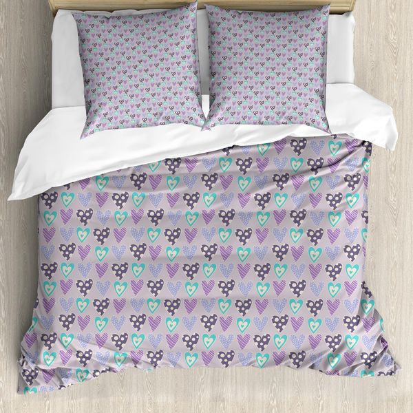 Abakuhaus Set Copripiumino Per Letti Singoli, Motivi Romantici A Cuori, Antiacaro, Adatto A Chi Soffre Di Allergie, Con Federa, 200 Cm X 200 Cm - 80 X 80 Cm, Malva Multicolore-image