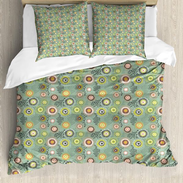Abakuhaus Set Copripiumino Geometrico Per Letti Singoli, Cuori E Pois Astratti, Antiacaro E Anallergico Con Federa, 155 Cm X 220 Cm - 80 X 80 Cm, Multicolore-image