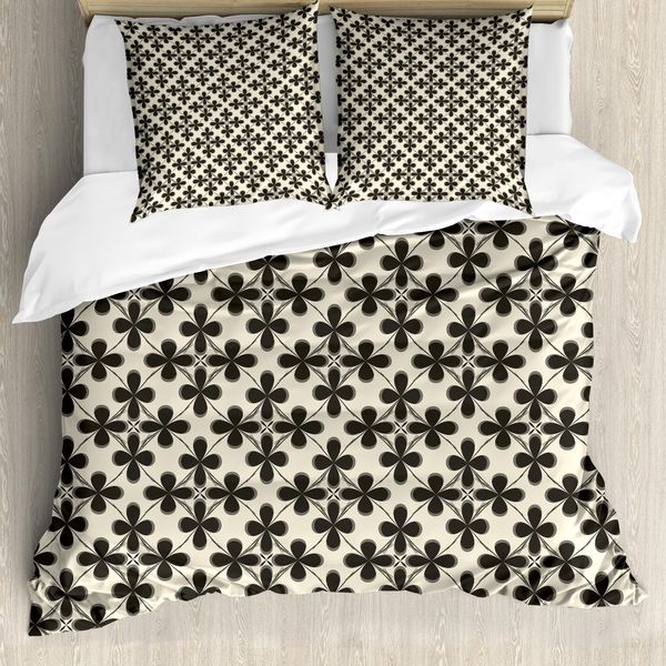 Abakuhaus Set Copripiumino Astratto Per Letti Singoli, Classico Motivo Floreale Vintage, Antiacaro E Anallergico Con Federa, 155 Cm X 220 Cm - 80 X 80 Cm, Color Tortora Scuro E Guscio D'uovo-image